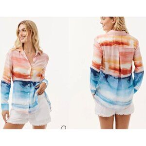 Bella Dahl Satin Side Slit Button Down Shirt Horizon‎ Sunset Print Size XS $150